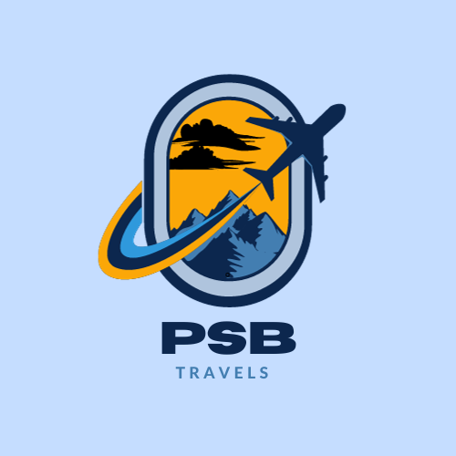 This a PSB Travels' business logo which is basically an airplane revolving diagonally an airplane window and from that window you could see a sunny golden sky and ice cold mountains which gives the feeling of joy and pleasure and excitement.